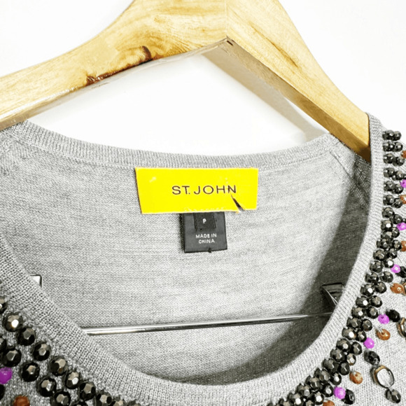ST. JOHN wool silk knit beaded short sleeve silver gray embellished womens XS - Picture 5 of 10